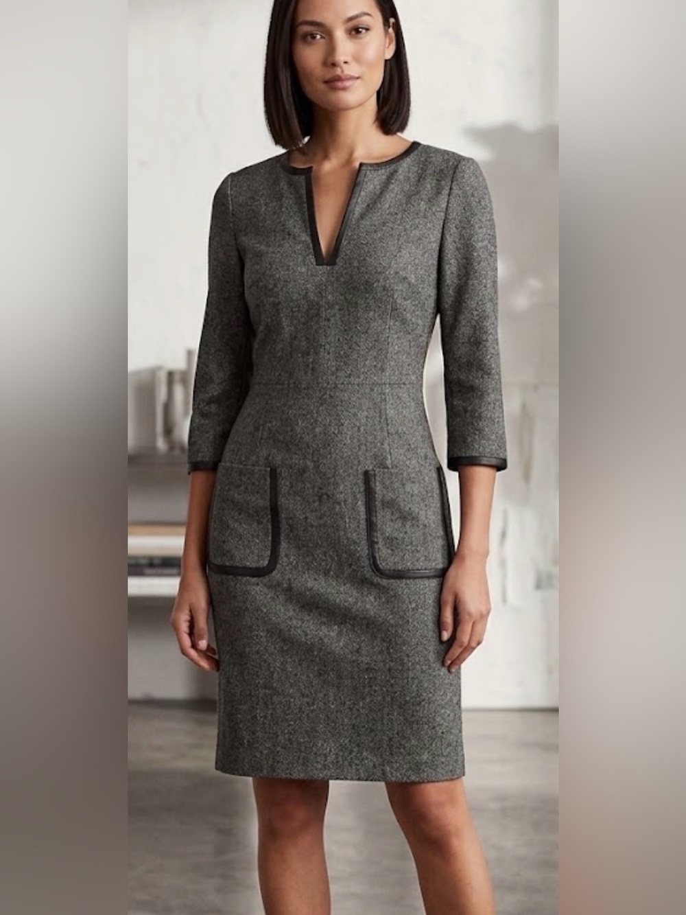 Trina Turk Dark Grey Viscose Black Leather Trim Tunic Dress w/ Pockets